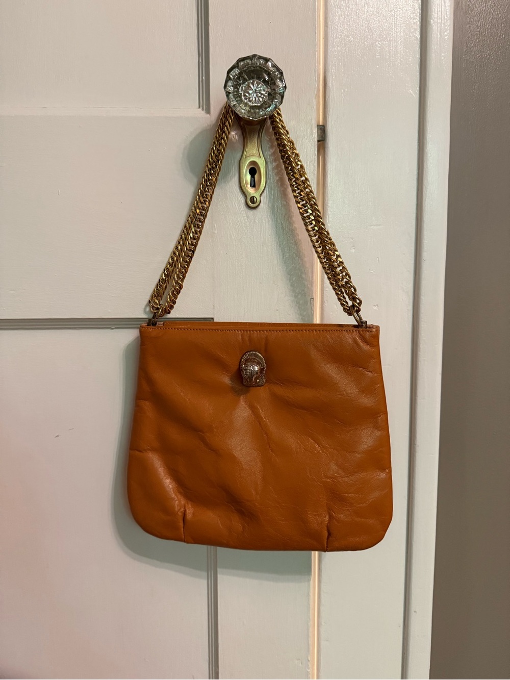 Vintage Orange Leather Shoulder Bag with Gold Chain Strap
